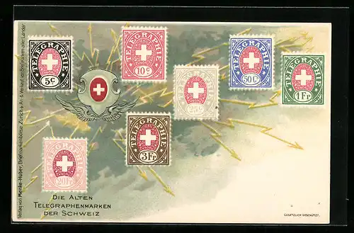 Lithographie Die alten Telegraphenmarken der Schweiz, Wappen, Blitze
