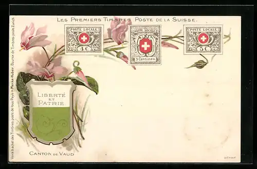 Lithographie Les Premiers Timbres Poste de la Suisse, Canton de Vaud, Wappen, Alpenveilchen