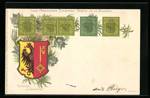 Lithographie Die ersten Briefmarken der Schweiz, Kanton Genf, Wappen