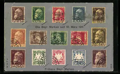 Präge-AK Bayrische Briefmarken seit 10. März 1911 und frühere