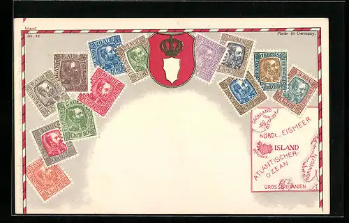 AK Island, Briefmarken, Landkarte und Wappen