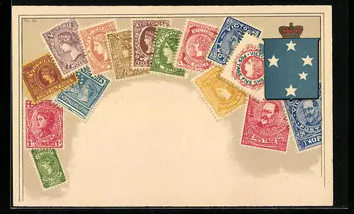 AK Australien, Briefmarken und Wappen, Krone