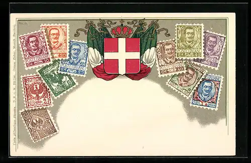 Lithographie Italien, Briefmarken und Wappen mit Flaggen und Krone