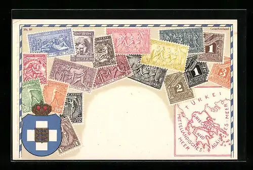 AK Griechenland, Briefmarken, Landkarte und Wappen mit Krone
