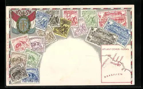 AK Guyana, Briefmarken, Landkarte und Wappen mit Flagge