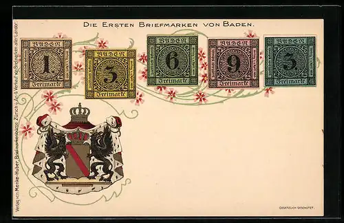 Lithographie Die ersten Briefmarken von Baden, Freimarken, Wappen