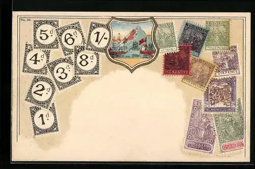 Präge-AK Trinidad, Briefmarken und Wappen