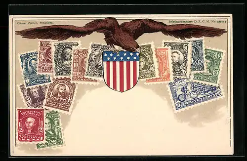 Lithographie USA, Briefmarken, Adler und Wappen