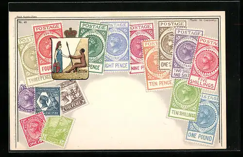 AK Süd-Australien, Briefmarken und Wappen mit Krone