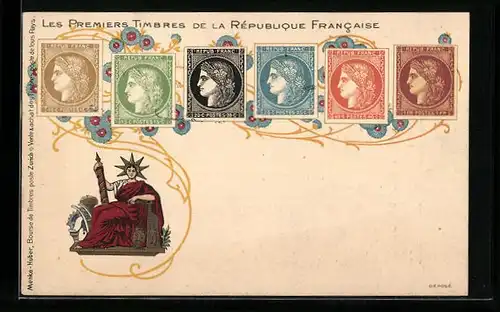 AK Die ersten Briefmarken Frankreichs, Allegorische Figur, Ornamente