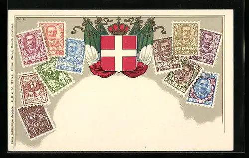 Lithographie Italien, Briefmarken und Wappen mit Krone und Flagge