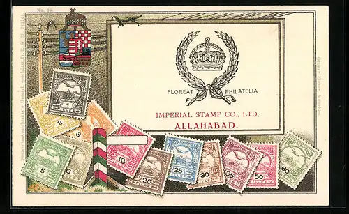 AK Ungarn, Briefmarken, Wappe, Schwalben auf Telegraphenleitung, Werbung Imperial Stamp, Allahabad