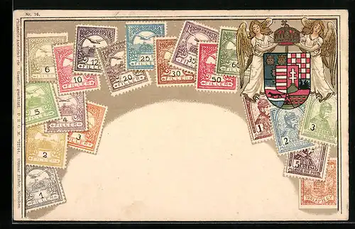 AK Ungarn, Briefmarken und Wappen mit Krone und Engeln