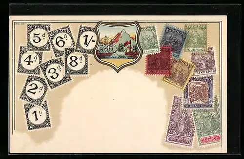 Lithographie Trinidad, Briefmarken und Wappen