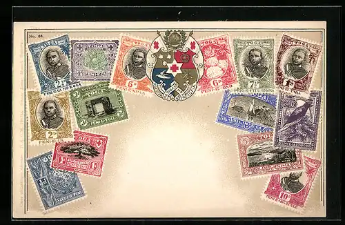 Präge-AK Toga, Briefmarken und Wappen mit Krone