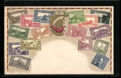 Präge-AK Bosnien-Herzegowina, Briefmarken und Wappen