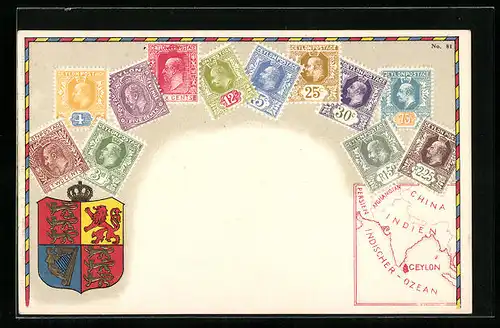 Präge-AK Ceylon, Briefmarken, Wappen und Landkarte
