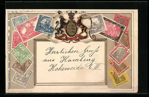 Präge-AK Deutsches Reich, Briefmarken und Wappen