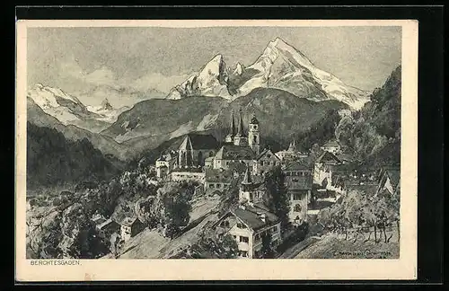 Künstler-AK Edward Harrison Compton: Berchtesgaden, Ortsansicht vor Bergpanorama