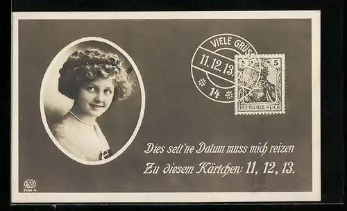 AK Frauenportrait und Briefmarke mit Datum 11.12.13