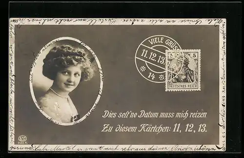 AK Frauenportrait, Briefmarke mit Datum 11.12.13