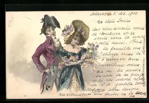 Künstler-AK E. Bottaro: Elegantes Paar in historischer Kleidung mit Hüten und Blumen
