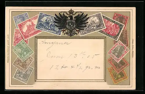 Präge-AK Briefmarken des Deutschen Reiches und Wappen