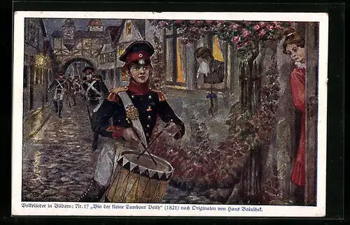 Künstler-AK Hans Baluschek: Bin der kleine Tambour Veith, Volkslieder in Bildern