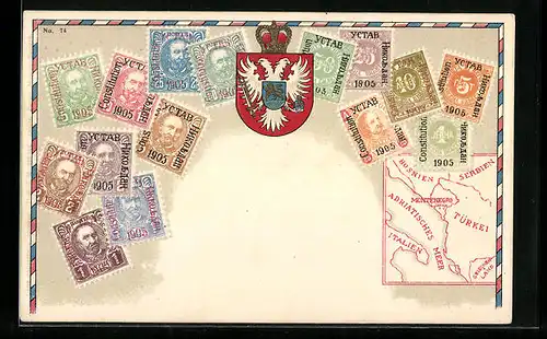Präge-AK Briefmarken und Wappen Montenegro, Krone, Landkarte