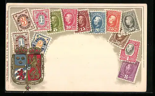 Präge-AK Briefmarken und Wappen Schwedens, Kronen