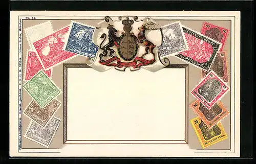 Präge-AK Briefmarken und Wappen Deutsches Reich, Krone