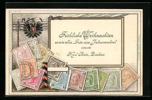 Präge-AK Briefmarken und Wappen Deutschland, Heller, Krone, Schwalben auf Telegraphenleitung