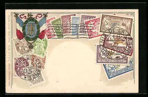 Präge-AK Briefmarken und Wappen Frankreichs, Flagge