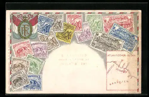 AK Briefmarken, Landkarte und Wappen Guyana, Flagge