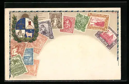 Präge-AK Briefmarken und Wappen Uruguay, Ehrenkranz, Goldene Sonne