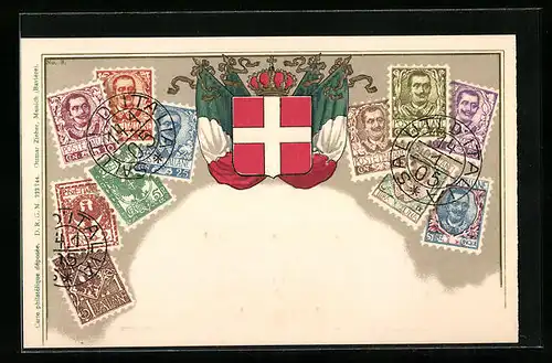 Präge-AK Briefmarken und Wappen Italiens, Krone, Fahne