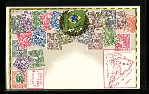 AK Briefmarken, Landkarte und Fahne Brasilien, Ehrenkranz