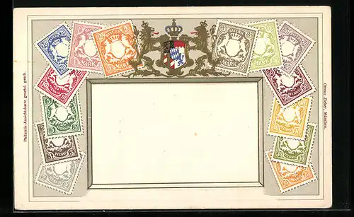 Präge-AK Briefmarken Bayerns mit Wappen und Krone