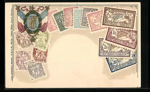 Präge-AK Briefmarken und Wappen Frankreichs, Flagge