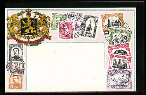 AK Briefmarken und Wappen Belgiens, Ehrenkranz, Krone