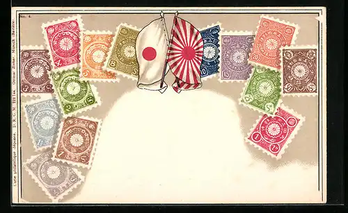 Präge-AK Briefmarken Japans mit Flaggen