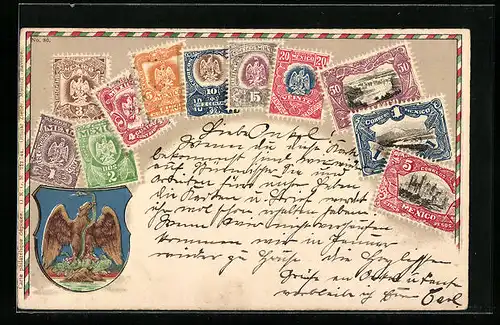 Präge-AK Briefmarken und Wappen Mexikos