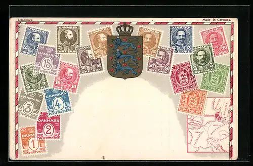 AK Briefmarken, Landkarte und Wappen Dänemarks, Krone