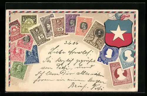 Präge-AK Briefmarken und Wappen Chiles