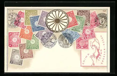 Präge-AK Briefmarken und Landkarte Japans, Blütenrad, Stempel