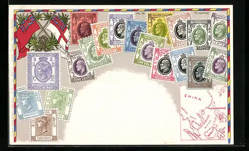 AK Briefmarken und Fahnen Hongkongs, Landkarte