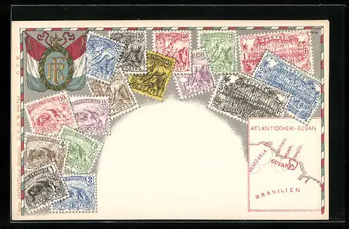Präge-AK Briefmarken und Wappen Guyanas, Flagge, Landkarte