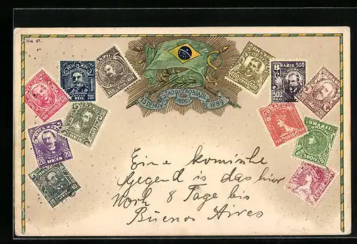 Präge-AK Briefmarken und Flagge Brasiliens, goldene Sonnenstrahlen
