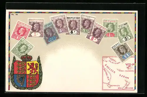 AK Briefmarken und Wappen Fiji, Krone, Landkarte
