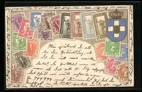 Präge-AK Briefmarken und Wappen Griechenland, Krone